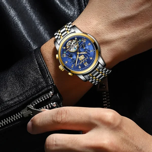 POEDAGAR 1408 Skeleton Automatic Two-Tone Men's Watch
