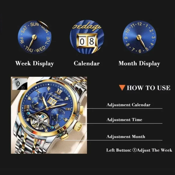 POEDAGAR 1408 Skeleton Automatic Two-Tone Men's Watch