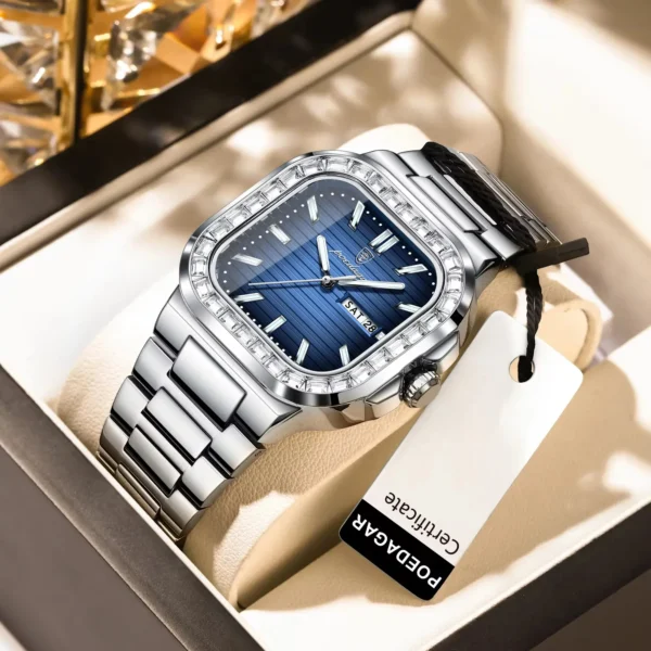 POEDAGAR 975 Modern Square Watch with Diamond Bezel