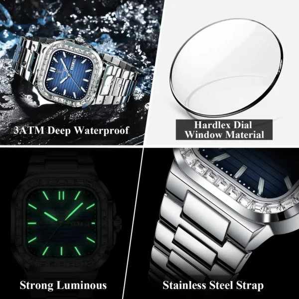 POEDAGAR 975 Modern Square Watch with Diamond Bezel